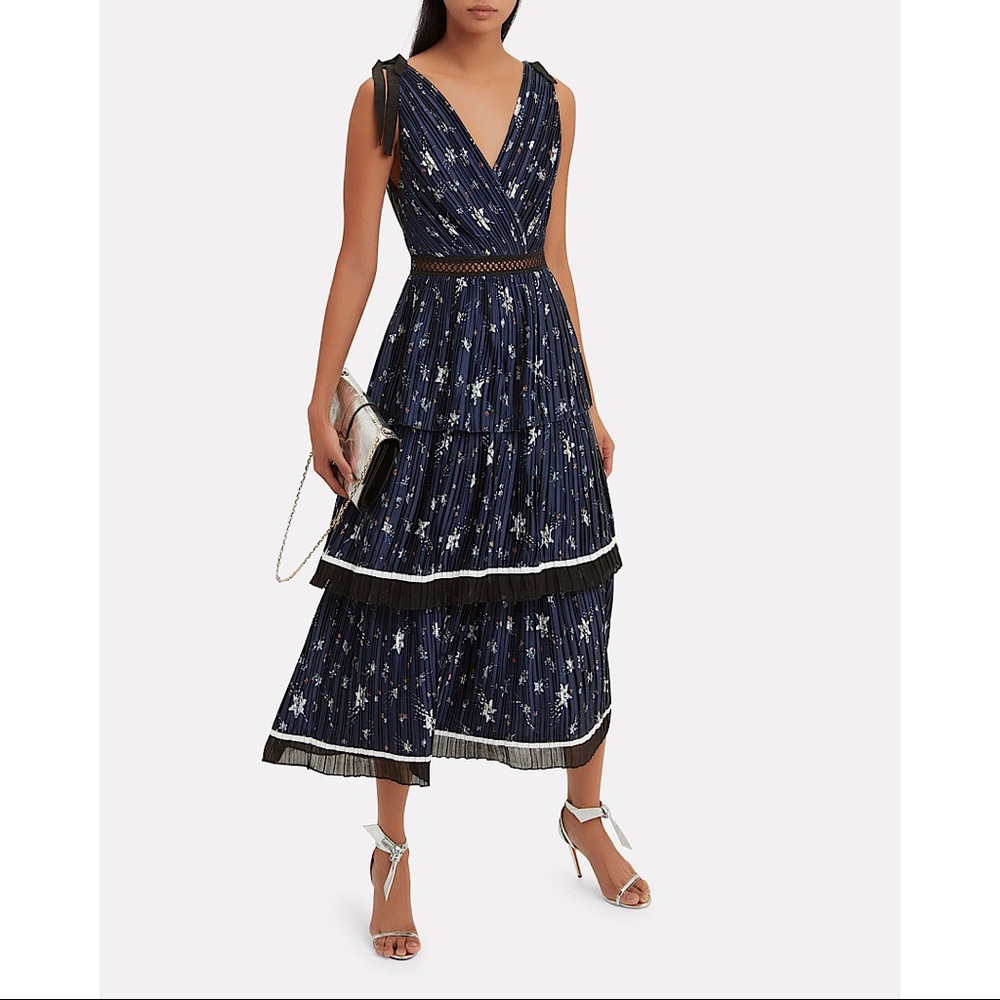 SELF-PORTRAIT Pleated Floral Dress In Blue